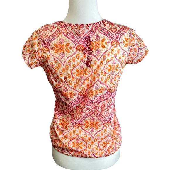 prAna Fall Floral Y2K Top Women’s‎ sz. XS Orange Split Neck Embroidered Rose - Picture 4 of 10
